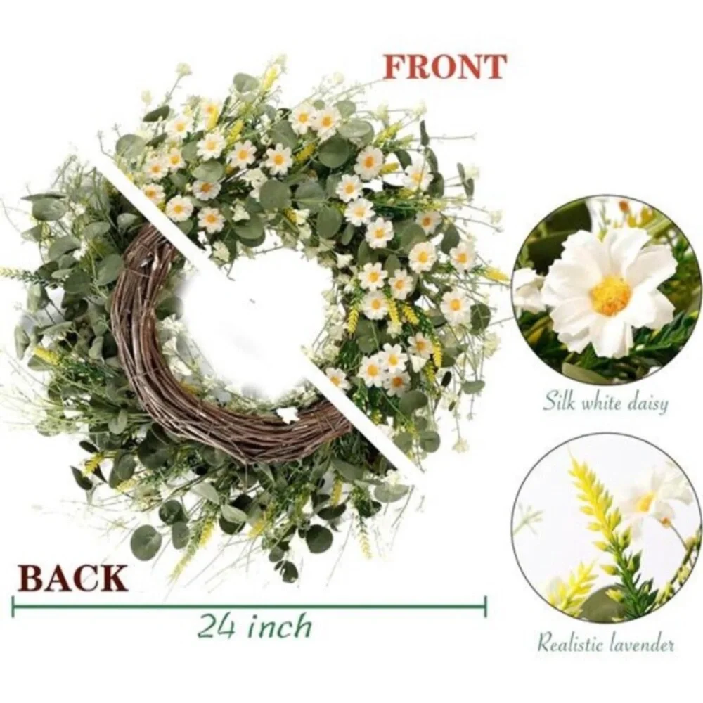 White Daisy Wreath 24 Inch Spring Summer Wreath Fake Silk Floral Wreath New